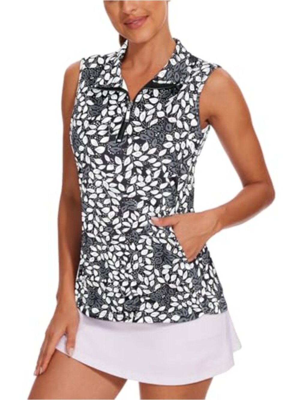 Women's Sleeveless Golf Shirt Quick Dry Zip Up Workout Tennis Top with Pockets